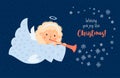 Christmas postcard. Cute little angel girl with trumpet on blue background with snowflakes. Horizontal Vector Royalty Free Stock Photo