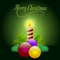 Christmas postcard with decorative elements - lighted candle, branches and shiny balls. Merry Christmas Message
