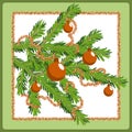 Christmas postcard with fir tree branch decorated with copper balls and glittering tinsel