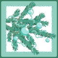 Christmas postcard with fir tree branch decorated with silver-blue balls and glittering tinsel
