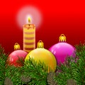 Christmas postcard with a lit candle, colorful and shiny balls wrapped in pine branches with pinecones. Royalty Free Stock Photo