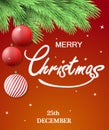 Christmas postcard. Merry Christmas background with fir tree branch and Christmas decorations, hanging balls. Warm red and orange Royalty Free Stock Photo