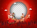 Christmas postcard of Santa Claus and friends on a sleigh with blank photo frame Royalty Free Stock Photo