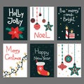 Christmas postcard set. Decorative gifts with xmas ornaments, poinsettia and candles, balls and socks with lettering winter