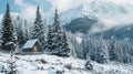 Christmas postcard. Snowy mountains forest