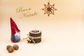 Christmas postcard with text Buon Natale and a beige background, nuts, wooden candle and a funny gnome