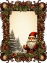 Christmas postcard in vintage European style with decorative frame with fir trees and Santa Claus, vertical image, copy space Royalty Free Stock Photo