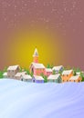 Christmas postcard with winter landscape with snowing sky over small village with church in the center. Ideal for integrating a de Royalty Free Stock Photo
