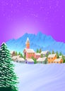 Christmas postcard with winter landscape with snowing sky over small village with church in the center. Ideal for integrating a de Royalty Free Stock Photo