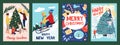 Christmas postcards with people. Vintage cartoon banners, December greeting cards. Decorative Xmas trees and sledge on Royalty Free Stock Photo