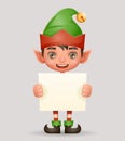 Christmas poster advert broadsheet elf boy santa claus helper new year holiday 3d cartoon design vector illustration