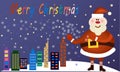 Christmas poster, banner. Santa Claus is standing near the city and throwing snow. Royalty Free Stock Photo