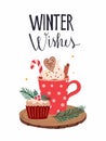 Christmas poster banner with seasonal flavored products, coffee, latte, cake, hot chocolate , muffins
