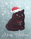 Christmas poster with cat portrait in red Santa s hat and bow. Vector illustration. Royalty Free Stock Photo