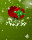 Christmas poster. Christmas inscription in the open red gift box with green ribbon and bow with falling snow isolated on Royalty Free Stock Photo