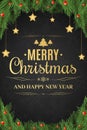 Christmas poster. Christmas tree, snow berries. The golden stars hang. Happy New Year. Gold text on a dark background Royalty Free Stock Photo