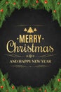 Christmas poster. Christmas tree, snow berries. Happy New Year. Gold text on a dark background with a pattern of Royalty Free Stock Photo