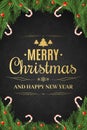 Christmas poster. Christmas tree, snow berries. Happy New Year. Sugar lollipops. Gold text on a dark background with a Royalty Free Stock Photo