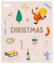 Christmas poster with cute vector christmas symbol set. Santa Claus, Christmas tree, toys, sleigh, garland, fireworks, champagne,