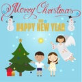 Christmas poster design with Angel, children,snowman, Christmas