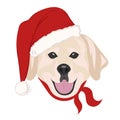 Christmas poster featuring a portrait of a dog wearing a Santa hat. Labrador.