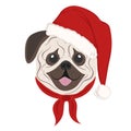 Christmas poster featuring a portrait of a dog wearing a Santa hat. Pug. Royalty Free Stock Photo