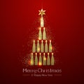 Christmas poster with golden champagne bottle. Golden Christmas tree