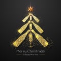 Christmas poster with golden champagne glass and bottle. Golden Christmas tree