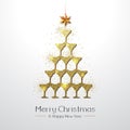 Christmas poster with golden champagne glass. Golden Christmas tree