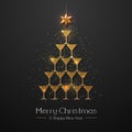 Christmas poster with golden champagne glass. Golden Christmas tree