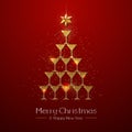 Christmas poster with golden champagne glass. Golden Christmas tree