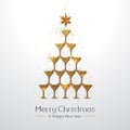 Christmas poster with golden champagne glass. Golden Christmas tree