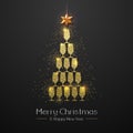 Christmas poster with golden champagne glass. Golden Christmas tree