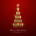 Christmas poster with golden champagne glass. Golden Christmas tree on red background