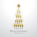 Christmas poster with golden champagne glass. Golden Christmas tree