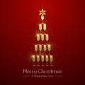 Christmas poster with golden champagne glass. Golden Christmas tree on red background