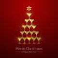 Christmas poster with golden champagne glass. Golden Christmas tree