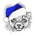 The christmas poster with the image cheetah portrait in Santa`s hat. Vector illustration.