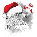 The christmas poster with the image eagle portrait in Santa`s hat. Hand draw vector illustration.