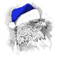 The christmas poster with the image eagle portrait in Santa`s hat. Hand draw vector illustration.