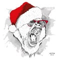 The christmas poster with the image of gorilla portrait in Santa`s hat. Vector illustration.
