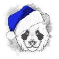 The christmas poster with the image panda portrait in Santa`s hat. Hand draw vector illustration.