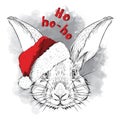 The christmas poster with the image rabbit portrait in Santa`s hat. Hand draw vector illustration.