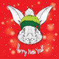 The christmas poster with the image rabbit portrait in winter hat. Vector illustration.