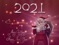 Christmas poster with 2021 New Year logo, Santa Claus and Merry Christmas and Happy New Year lettering for winter holiday card Royalty Free Stock Photo