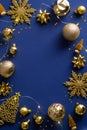 Christmas poster template. Golden Christmas decorations, garland, snowflakes. Happy New Year greeting card mockup Royalty Free Stock Photo