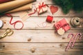 Christmas gift boxes wrapping on wooden background, copy space, top view Royalty Free Stock Photo