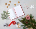 Christmas preparation. Tray with ribbons and Christmas tags Royalty Free Stock Photo