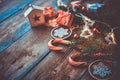 Christmas preparations with different festive decor Royalty Free Stock Photo