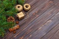 Christmas present box. fir branches with cinnamon and anise on rustic wooden background. flat lay. seasonal greetings concept. win Royalty Free Stock Photo